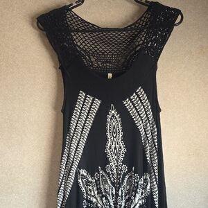 India Boutique Black Tank with Crocheted Yoke and White Boho Print